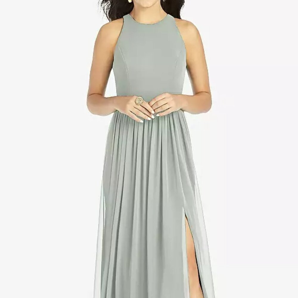 Size 20 Bridesmaid Shirred Skirt Jewel Neck Halter Dress with Front Slit